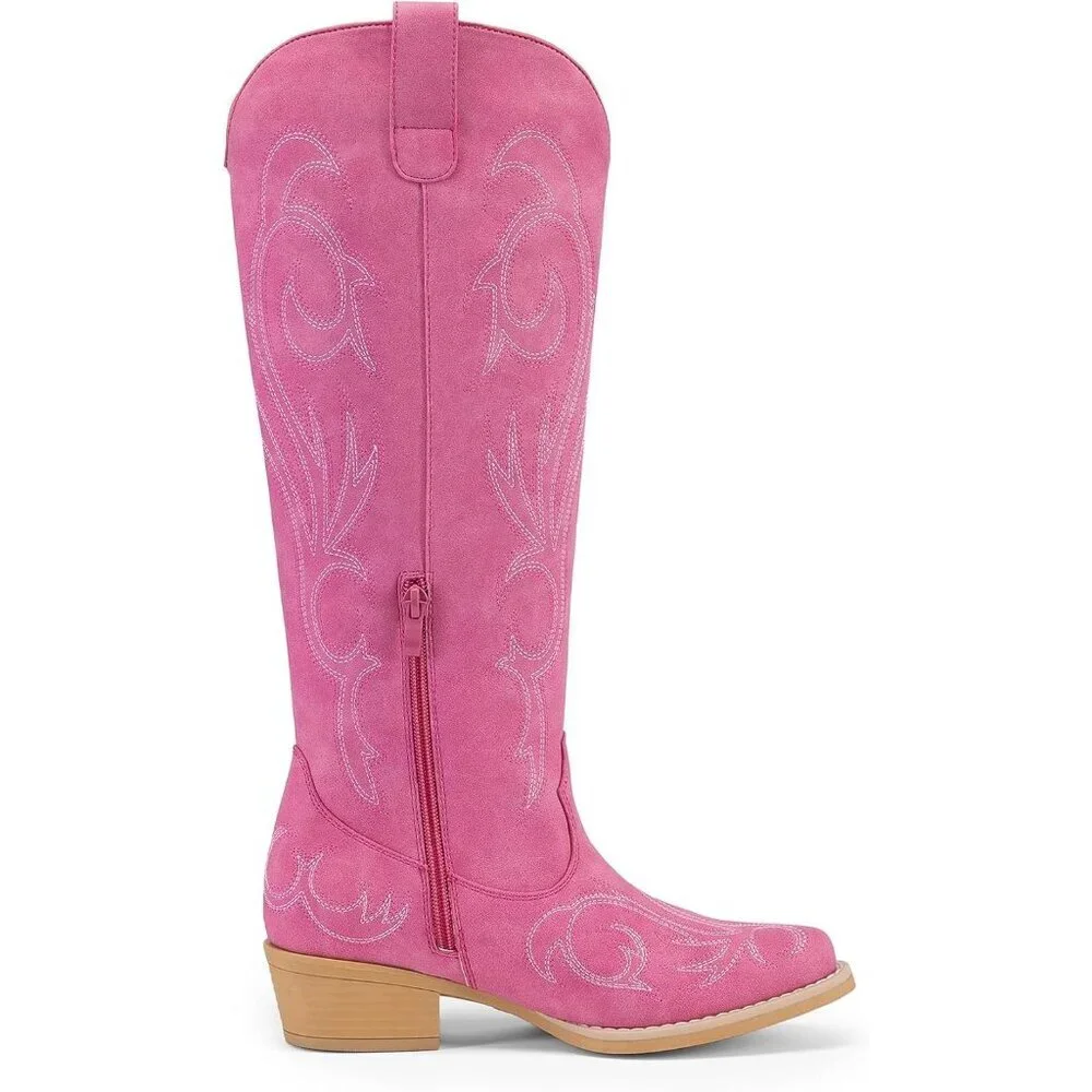 Women Faux Leather Hot Pink Knee High Chunky Heel Side Zipper Embroidered Boot